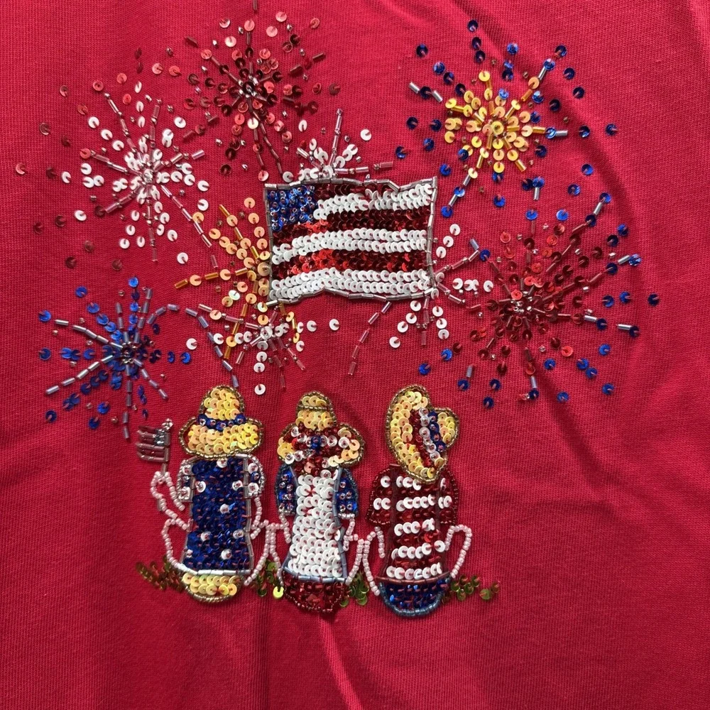 Quacker Factory Women's Top Size Large‎ Sequin Red Blue Fireworks Short Sleeve - Picture 2 of 9